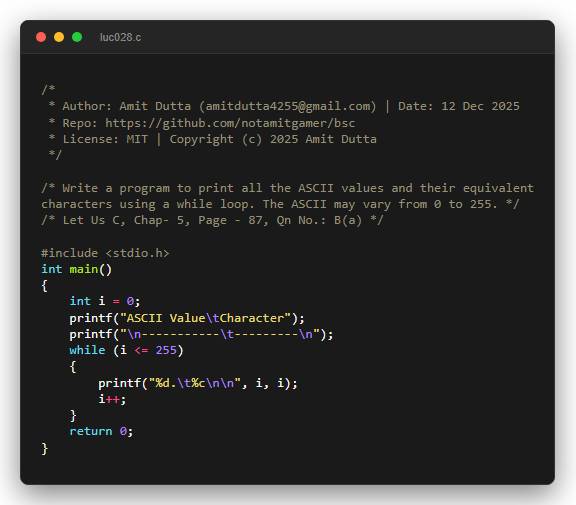Write a program to print all the ASCII values and their equivalent characters using a while loop. The ASCII may vary from 0 to 255.